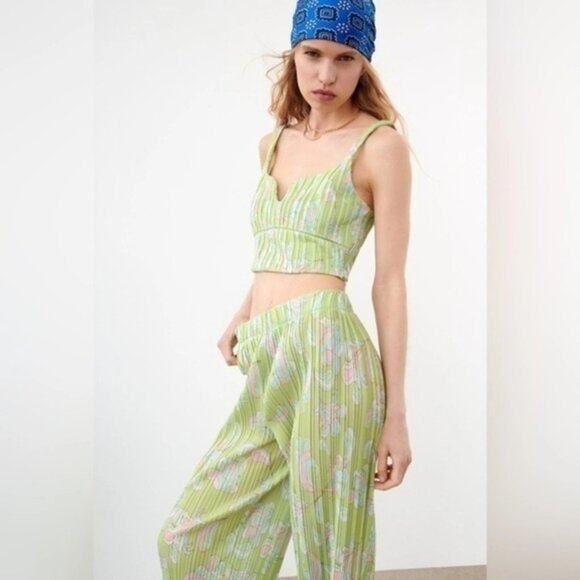 Zara Lime Green Pleated Wide Leg Pant m - Picture 9 of 13